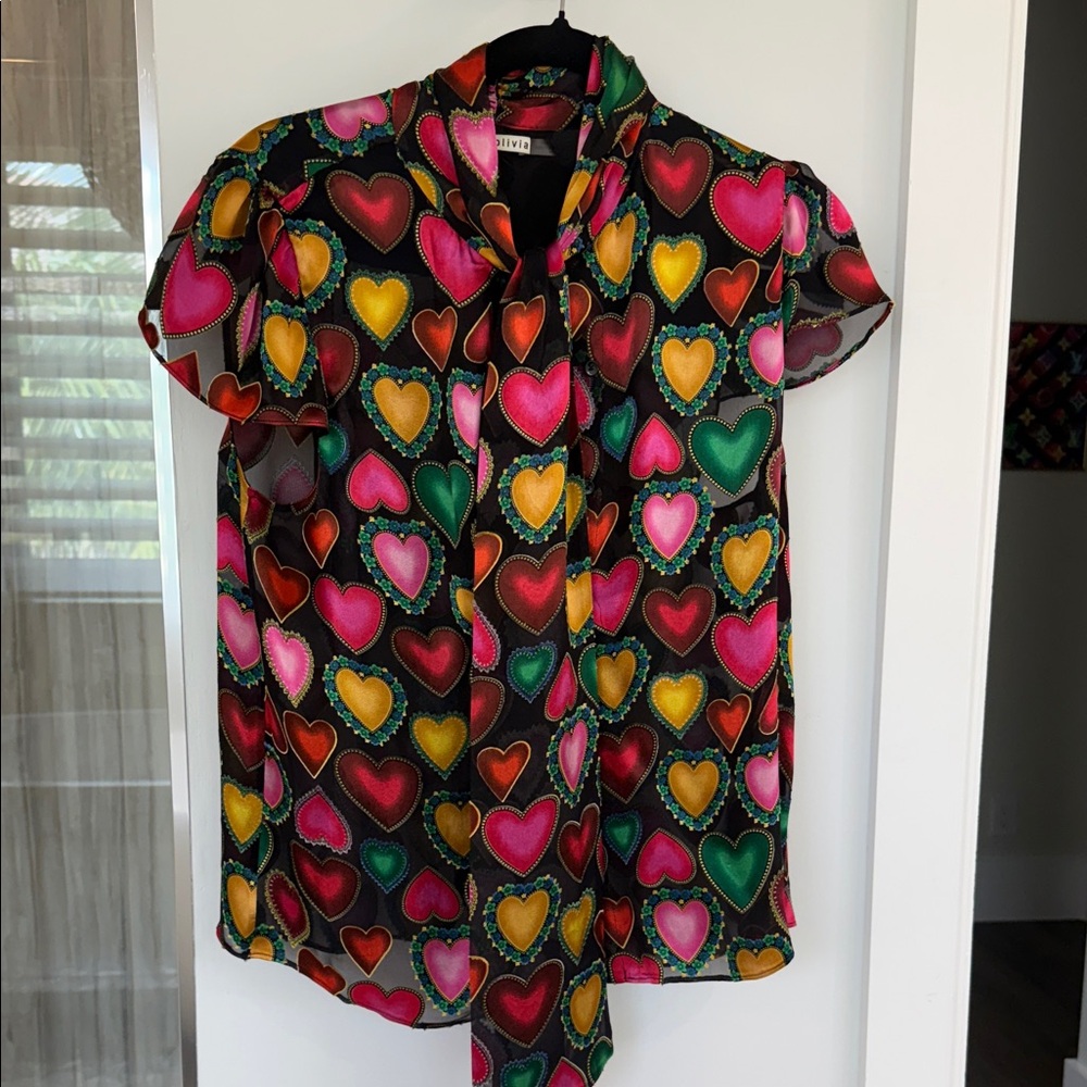 Vibrant Heart Pattern Blouse Jeannine collar bow top